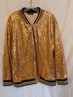 torrid Gold Sequin Bomber with Striped Trim